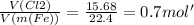 \frac{V(Cl2)}{V(m(Fe))}= \frac{15.68}{22.4}= 0.7 mol'