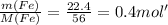 \frac{m(Fe)}{M(Fe)}=\frac{22.4}{56} =0.4 mol'