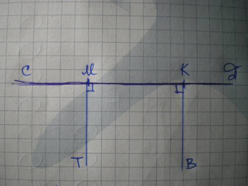 Через точки м и к проведи две прямые мт и кв, каждая из которых пересекает прямую сд под прямым угло