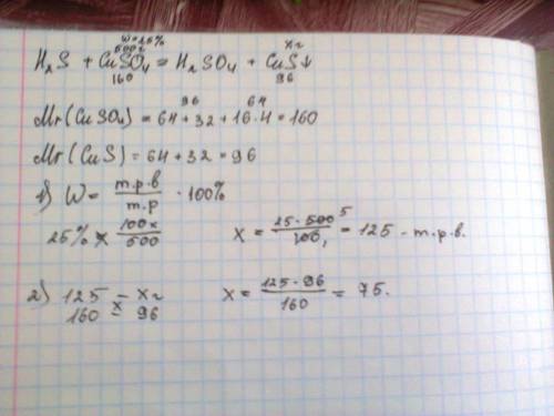 Сероводород пропустили через 500г раствора сульфата меди (ii) с массовой долей сульфата 25%.вычислит