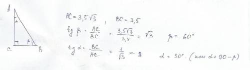 На завтра найдите острые углы прямоугольного треугольника, если его катеты равны 3,5√3 см и 3,5.