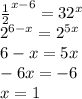 \frac{1}{2} ^{x-6}= 32^{x} \\ &#10; 2 ^{6-x}= 2^{5x} \\ 6-x=5x \\ -6x=-6 \\ x=1