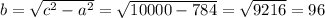 b= \sqrt{c^2-a^2} = \sqrt{10000-784} = \sqrt{9216} =96
