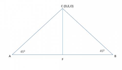 Втреугольнике abc угол a равен 45 градусов, угол b равен 45, ad, be, cf-высоты,пересекающиеся в точк
