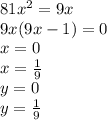 81x^2=9x\\&#10;9x(9x-1)=0\\&#10;x=0\\&#10;x=\frac{1}{9}\\&#10;y=0\\&#10;y=\frac{1}{9}