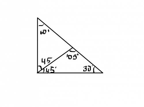 Впрямоугольном треугольнике угол, образованный биссектрисой прямого угла и гипотенузой, равен 105 гр