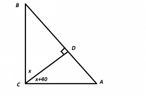 Высота прямоугольного треугольника делит прямой угол на два угла, один прямой каторый на 40 (градусо