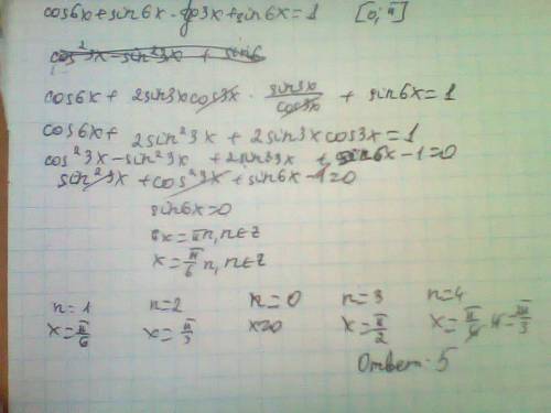 Укажите число корней уравнении cos6x+sin6x*tg3x+sin6x=1 на промежутке [от нуля до пи]