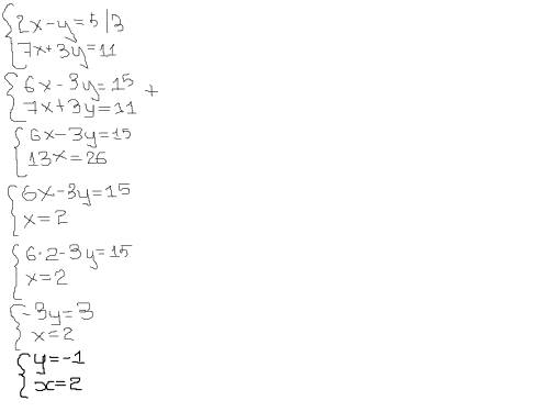 Решите систему уравнений 2x - y = 5, 7x + 3y = 11