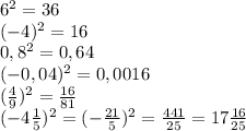 6^2=36\\ (-4)^2=16\\ 0,8^2=0,64\\ (-0,04)^2=0,0016\\ ( \frac{4}{9})^2= \frac{16}{81} \\ (-4 \frac{1}{5} )^2=(- \frac{21}{5} )^2= \frac{441}{25}=17 \frac{16}{25}