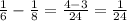 \frac{1}{6}- \frac{1}{8}= \frac{4-3}{24}= \frac{1}{24}