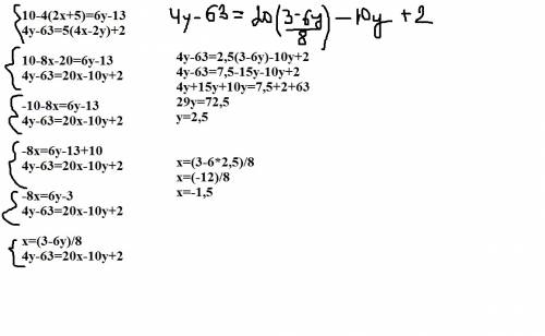 Решите систему уравнения: 10-4(2х+5)=6у-13 4у-63=5(4х-2у)+2