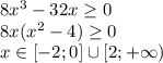 8x^3-32x \geq 0\\8x(x^2-4) \geq 0\\x \in [-2;0] \cup [2;+\infty)