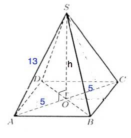 Діагональ основи правильної чотирикутної піраміди дорівнює 10 см, а бічне ребро 13см. знайти площу д