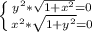 \left \{ {{y^{2} *\sqrt{1+x^{2}}=0} \atop { x^{2} *\sqrt{1+y^{2}}=0}} \right.