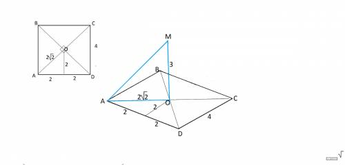 Из точки пересечения диагоналей квадрата abcd со стороной 4см проведен перпендикуляр мо к его плоско
