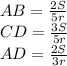 AB=\frac{2S}{5r}\\&#10;CD=\frac{3S}{5r}\\&#10;AD=\frac{2S}{3r}