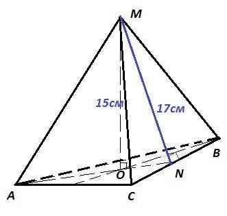 Висота правильної трикутної піраміди 15 см, а апофема піраміди - 17 см. знайти площу бічної поверхні