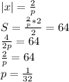 |x|=\frac{2}{p}\\&#10;S=\frac{\frac{2}{p}*2}{2}=64\\&#10;\frac{4}{2p}=64\\&#10;\frac{2}{p}=64\\&#10;p=\frac{1}{32}