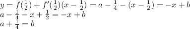 y=f(\frac{1}{2})+f'(\frac{1}{2})(x-\frac{1}{2})=a-\frac{1}{4}-(x-\frac{1}{2})=-x+b\\\&#10;a-\frac{1}{4}-x+\frac{1}{2}=-x+b\\&#10;a+\frac{1}{4}=b \\&#10;