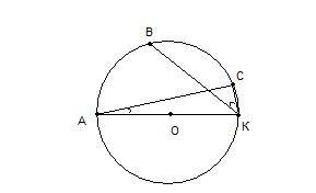 Точки а,в,с и к лежат на окружности так,что ак - диаметр, угол скв = 25 градусов, угол сак = 20 град