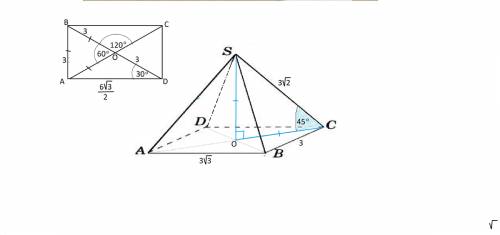 Основание пирамиды-прямоугольник с углом между диагоналями 120 градусов. все боковые ребра пирамиды
