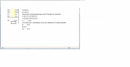 Батарея замкнутая на 4ом, даст ток 2а. онаже, замкнутая на 9ом даст ток 1а. чему равен ток короткого