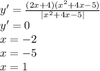 y'=\frac{(2x+4)(x^2+4x-5)}{|x^2+4x-5|}\\&#10;y'=0\\&#10;x=-2\\&#10;x=-5\\&#10;x=1