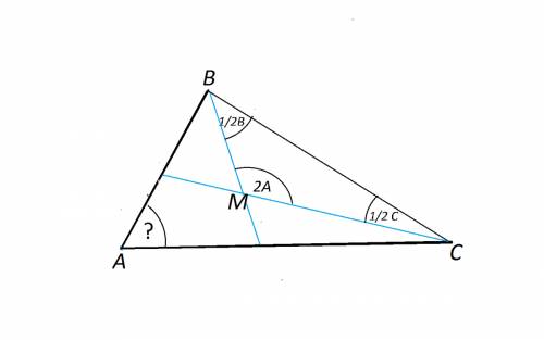 Решить, ! заранее : в треугольнике авс биссектрисы углов в и с образуют угол в два раза больше, чем