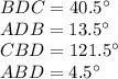 BDC=40.5а\\&#10;ADB=13.5а\\&#10;CBD=121.5а\\ &#10;ABD=4.5а\\