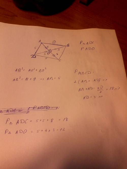 Дано : abcd - ромб периметр аbcd - 20cm ac = 8cm bd=6cm найти: p треуг. adc , p треу. abo.