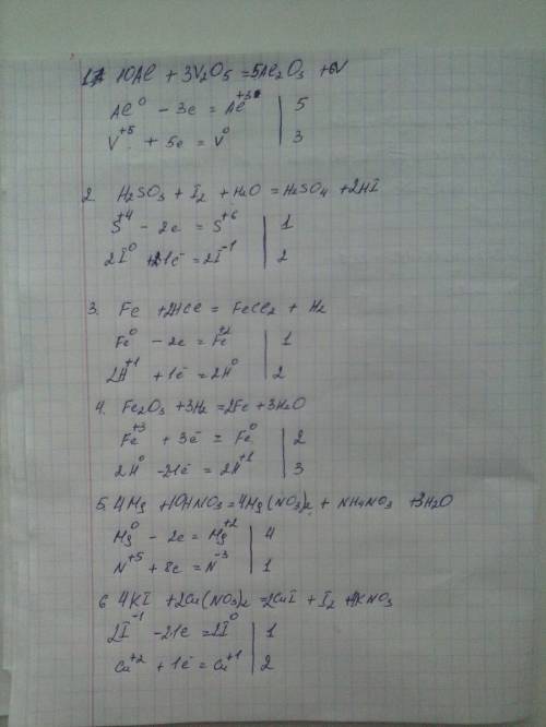 Все , только ! расставьте коэффициенты методом электронного : 1) al + v2o5 = al2o3 + v 2) h2so3 + i2
