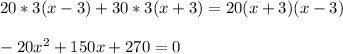 20*3(x-3) + 30*3(x+3) = {20}(x+3)(x-3) \\ \\ -20x^{2}+150x+270 =0