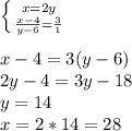 \left \{ {{x=2y} \atop { \frac{x-4}{y-6}= \frac{3}{1} }} \right. \\ \\ x-4=3(y-6) \\ 2y-4=3y-18 \\ y=14 \\ x=2*14=28