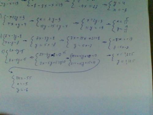 Решите систему уравнения 1) 2x=11-y 2)2x+y=-2 3)-x+2y=3 4)7x-3y=8 5)2x-3y=8 5x-4y=8 4y-x=19 5x+y=4 5