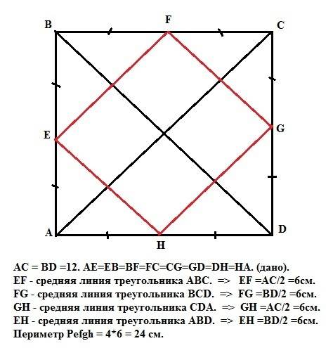 Диагональ квадрата равна 12 см. найдите периметр четырехугольника, образованного отрезками, которые