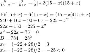\frac{8}{15-x}-\frac{3}{15+x}=\frac{1}{2}|*2(15-x)(15+x)\\\\16(15+x)-6(15-x)=(15-x)(15+x)\\240+16x-90+6x=225-x^2\\22x+150=225-x^2\\x^2+22x-75=0\\D=784=28^2\\x_1=(-22+28)/2=3\\x_2=(-22-28)/2=-25