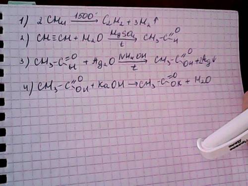 Осуществите цепочку превращений метан-ацетилен-уксусный альдегид-уксусная кислота-ацетат калия