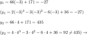 y_1=66(-3)+171=-27\\\\\ (y_1=2(-3)^3-3(-3)^2-6(-3)+36=-27)\\\\y_2=66\cdot 4+171=435\\\\(y_2=4\cdot 4^3-3\cdot 4^2-6\cdot 4+36=92\ne435)\to