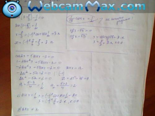 1. sin(x-pi/3)-1/2=0 2. 1/корень3 cosx=1/2 3. tgx-корень3=0 4. cos2x+5sinx-3=0 5. 5sinx+3sin2x=0 6.