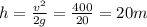 h= \frac{v ^{2} }{2g} = \frac{400}{20} =20m