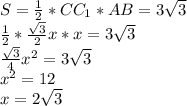 S= \frac{1}{2}*CC_{1}*AB= 3\sqrt{3} \\&#10;\frac{1}{2}* \frac{ \sqrt{3}}{2}x*x= 3\sqrt{3} \\ &#10;\frac{ \sqrt{3}}{4} x^{2}= 3\sqrt{3} \\&#10; x^{2}=12 \\ &#10;x= 2\sqrt{3}