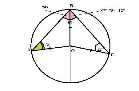 Точка o - центр окружности, на которой лежат точки a, b, c. известно, что угол abc = 87 и угол oab =