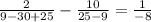 \frac{2}{9-30+25}- \frac{10}{25-9}= \frac{1}{-8}