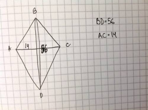 Растояние от точки пересечения дипгоналей ромба до одной из его сторон ровно 14,а одна из его диагон