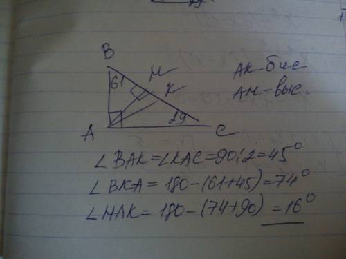 Острые углы прямоугольного треугольника равны 29о и 61о. найдите угол между высотой и биссектрисой,