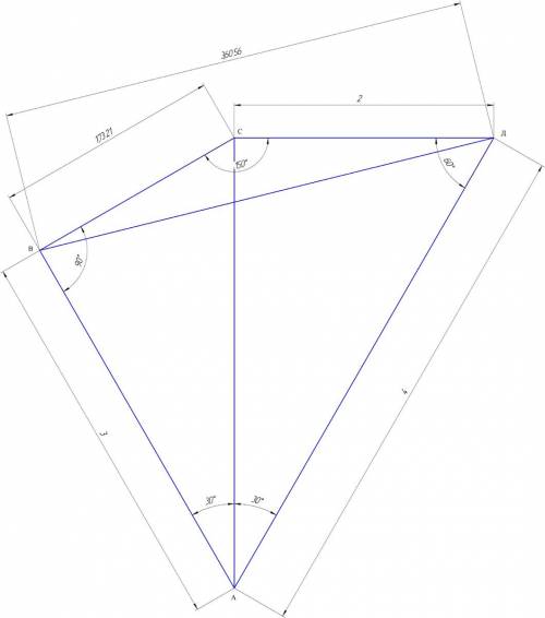 Вчетырехугольнике авсd диагональ ас делит ∠а пополам. известно, что ав=3, вс=√3, cd=2, ad=4. найдите