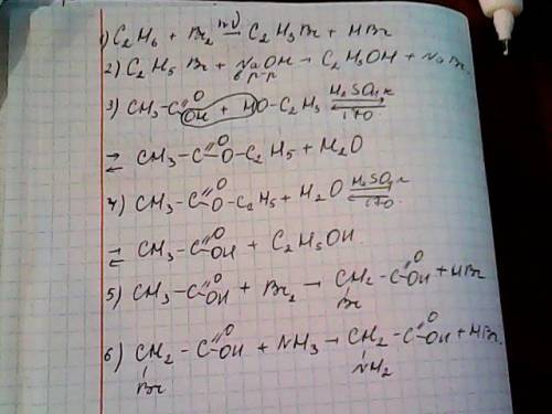Составить цепочку этан -> бромэтан-> этанол-> этилацетат-> уксусная кислота-> бромукс