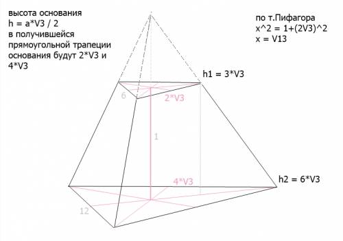 Стороны оснований правильной треугольной усеченной пирамиды равны 6 см и 12 см, высота пирамиды - 1