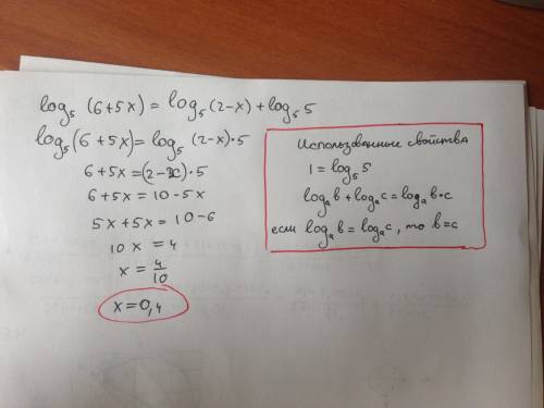 Найдите корень уравнения log5(6+5х)=log5(2-х)+1 только с подробностями)*
